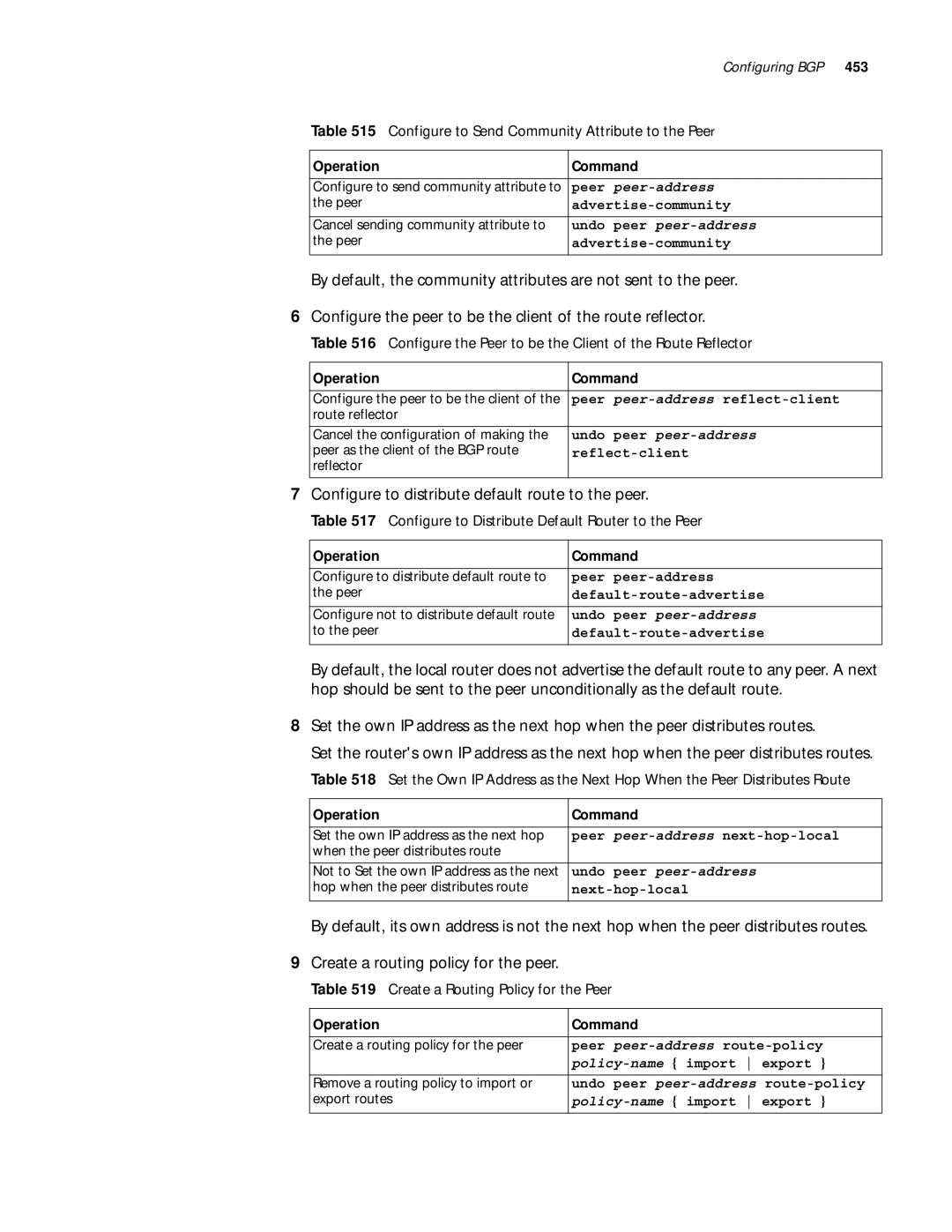 3Com 10014299 manual Configure to distribute default route to the peer, Configure to Send Community Attribute to the Peer 