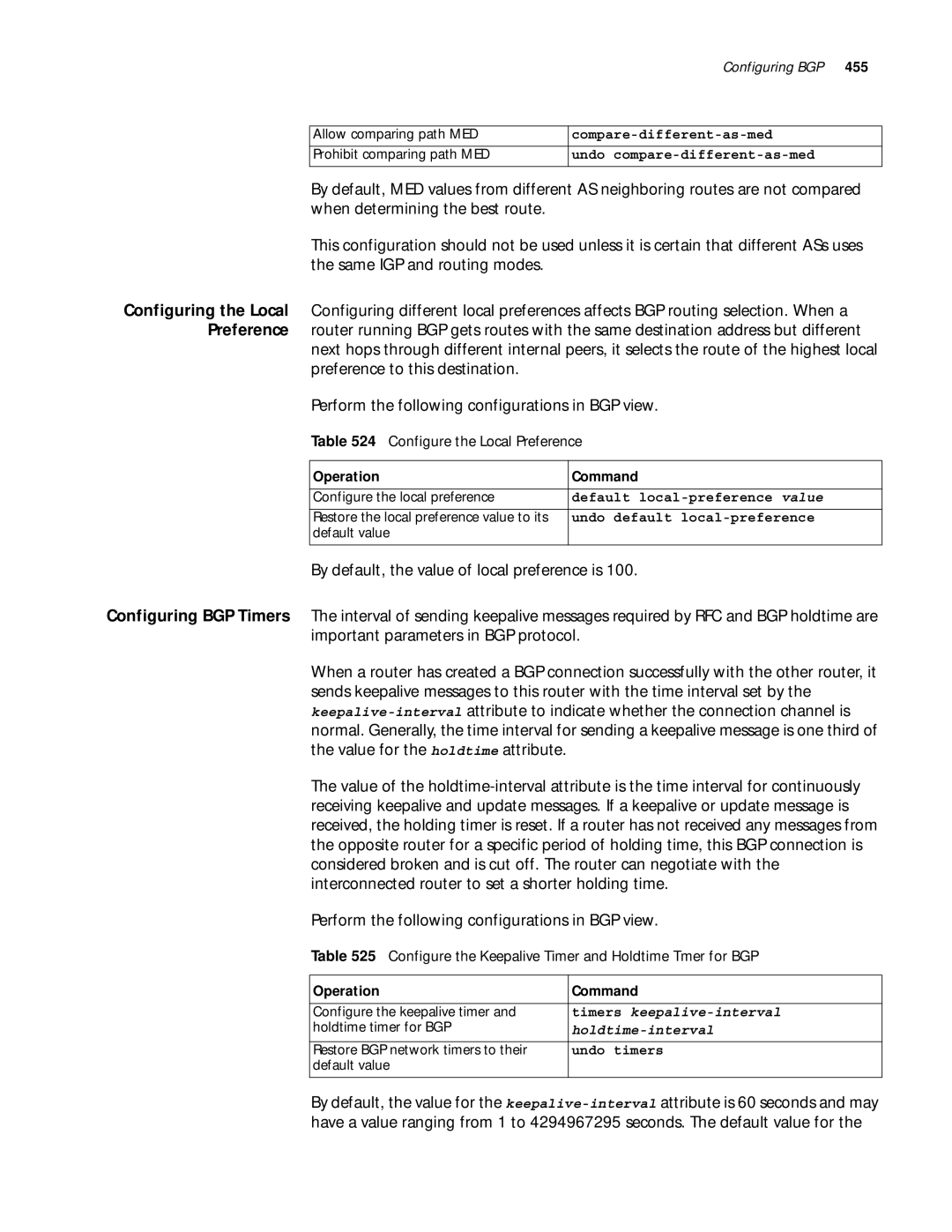 3Com 10014299 Configure the Local Preference, Configure the Keepalive Timer and Holdtime Tmer for BGP, Holdtime-interval 