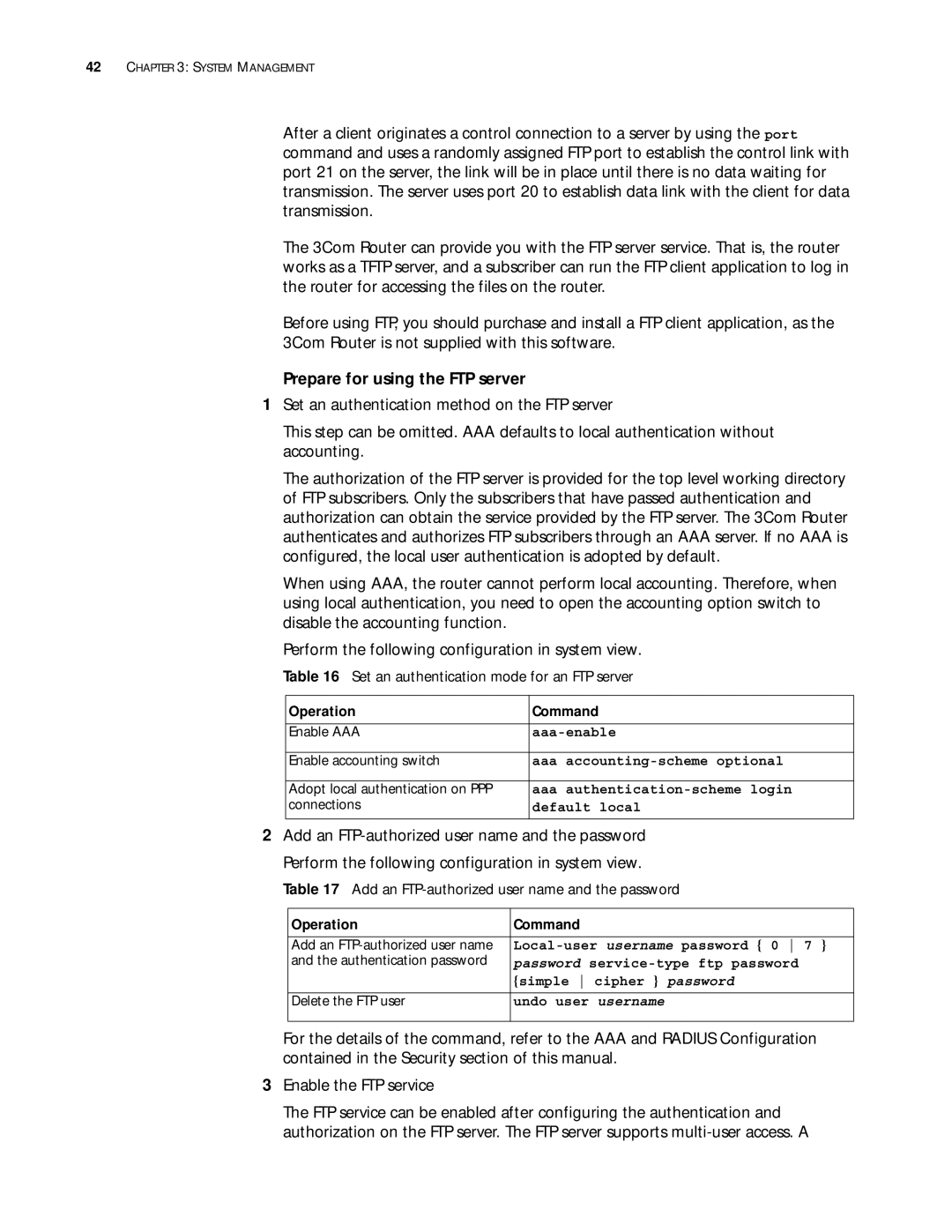 3Com 10014299 manual Prepare for using the FTP server, Set an authentication mode for an FTP server 