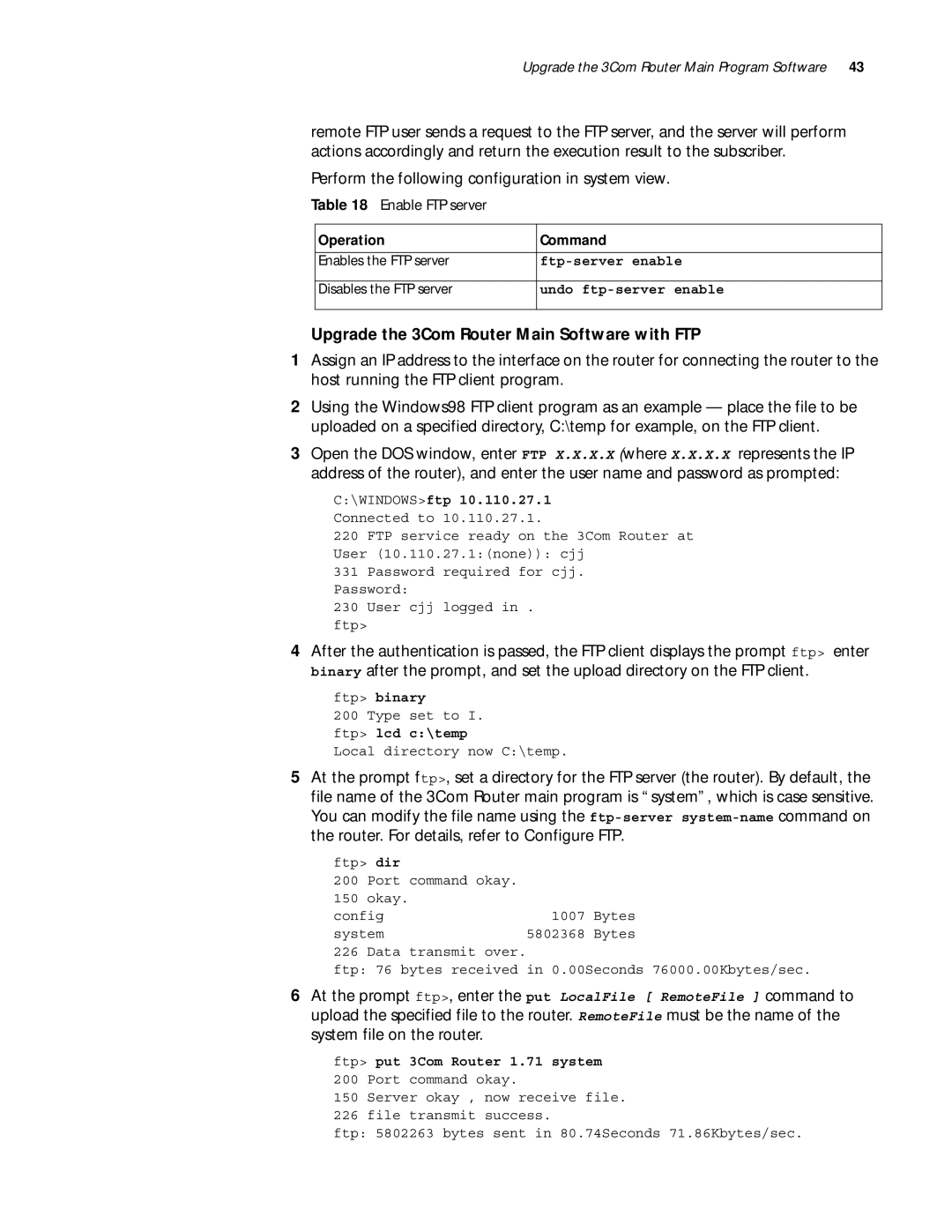 3Com 10014299 manual Upgrade the 3Com Router Main Software with FTP, Enable FTP server 