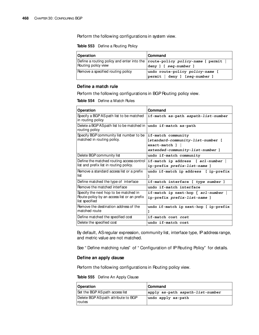 3Com 10014299 Define a match rule, Define an apply clause, Perform the following configurations in Routing policy view 