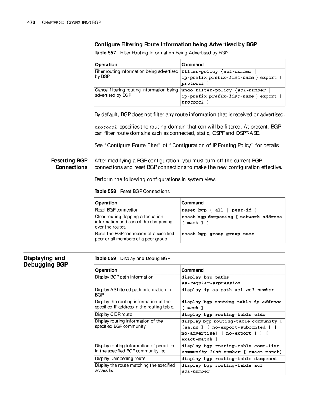 3Com 10014299 manual Debugging BGP, Filter Routing Information Being Advertised by BGP, Reset BGP Connections 