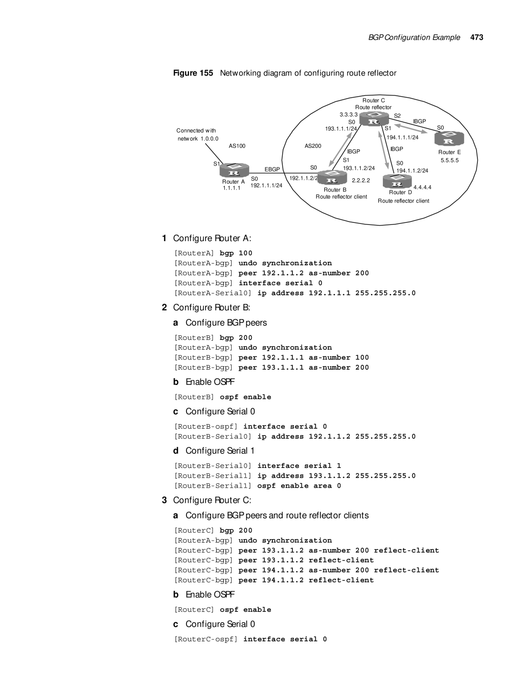 3Com 10014299 Configure Router B Configure BGP peers, RouterA-bgppeer 192.1.1.2 as-number, RouterC-ospfinterface serial 