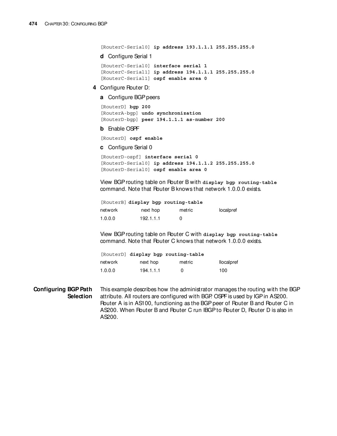 3Com 10014299 manual Configure Router D Configure BGP peers 