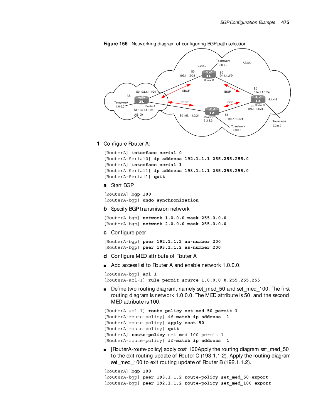 3Com 10014299 manual Start BGP, Specify BGP transmission network, Configure peer, RouterA-acl-1rule permit source 1.0.0.0 