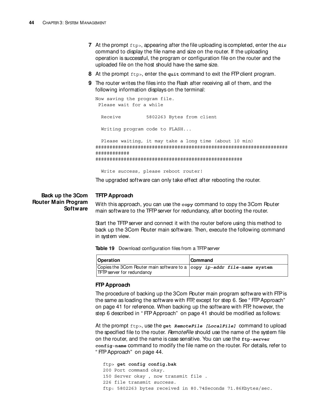 3Com 10014299 Back up the 3Com Router Main Program Software, Tftp Approach, FTP Approach, Copy ip-addr file-name system 