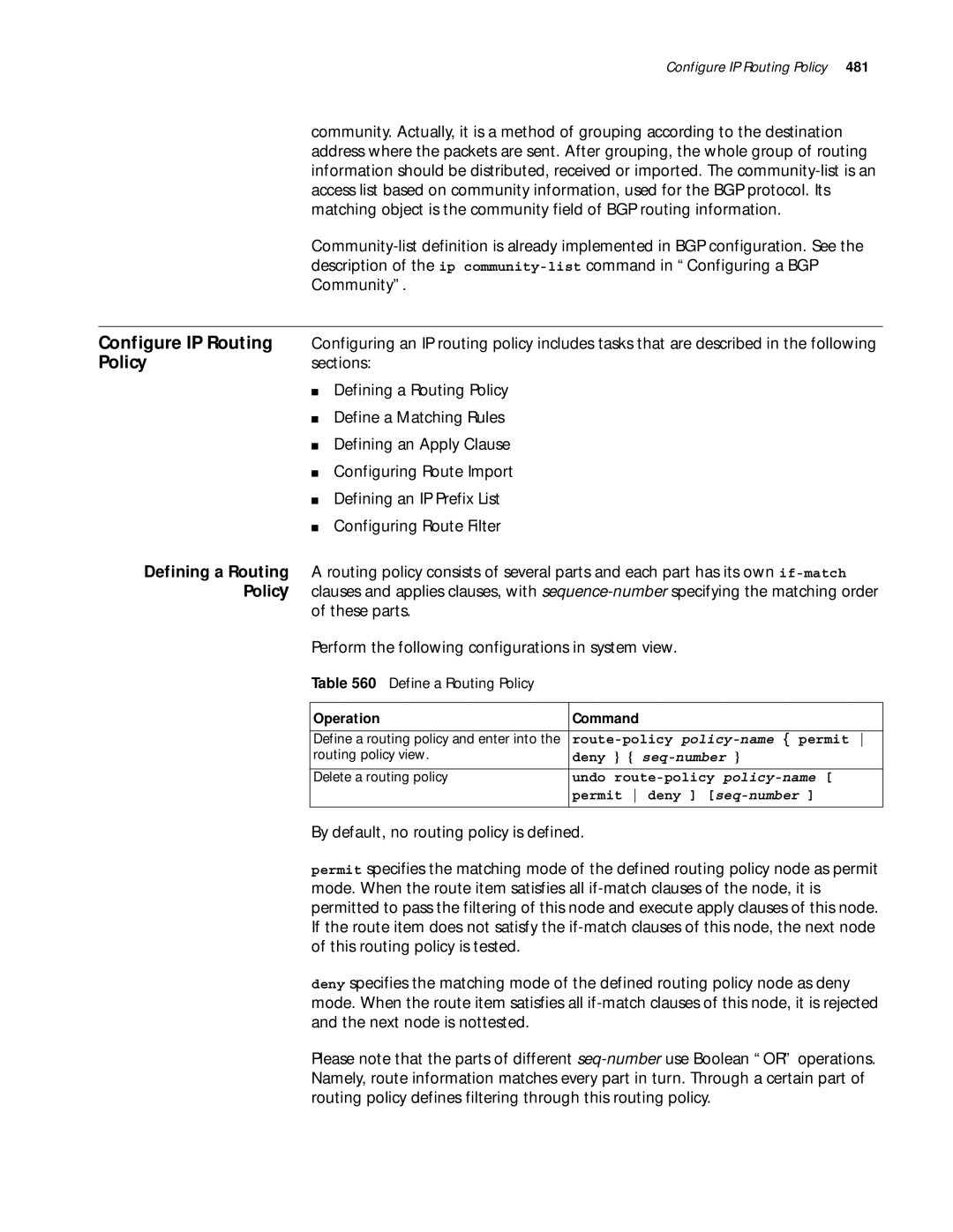 3Com 10014299 Configure IP Routing, Define a Routing Policy, Operation Command Define a routing policy and enter into 