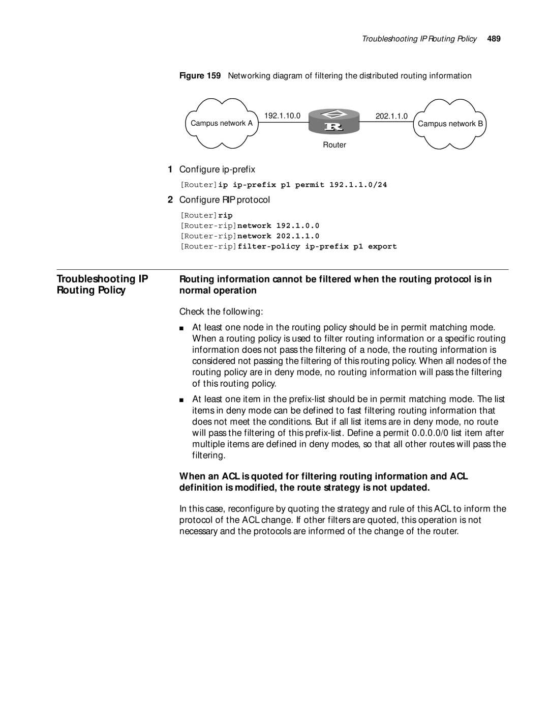 3Com 10014299 Troubleshooting IP, Configure RIP protocol, Normal operation, Routerip ip-prefix p1 permit 192.1.1.0/24 