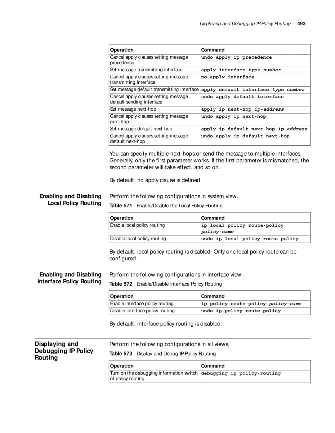 3Com 10014299 manual Displaying Debugging IP Policy Routing, Enable/Disable Interface Policy Routing 