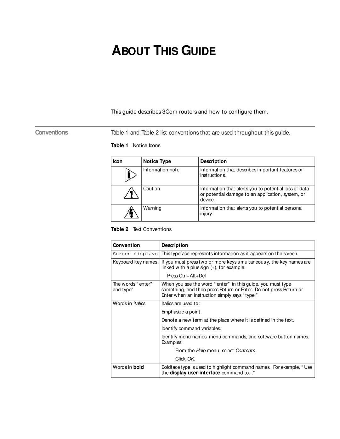 3Com 10014299 manual This guide describes 3Com routers and how to configure them, Text Conventions 