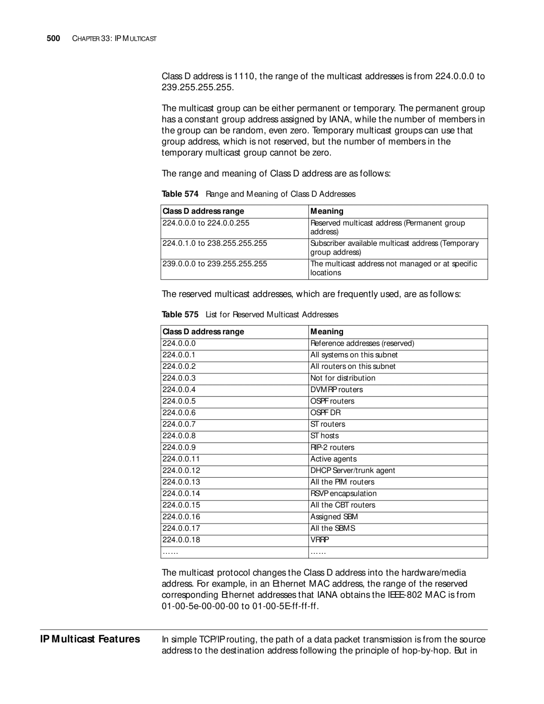 3Com 10014299 Range and Meaning of Class D Addresses, List for Reserved Multicast Addresses, Class D address range Meaning 