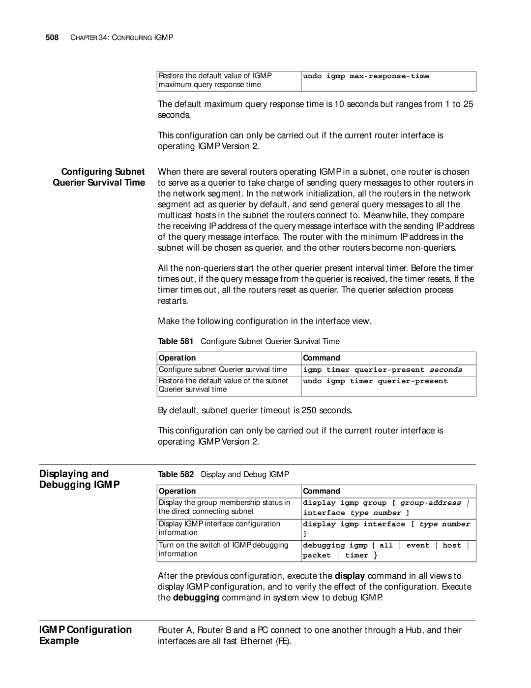 3Com 10014299 manual Displaying and Debugging Igmp, Igmp Configuration, Debugging command in system view to debug Igmp 