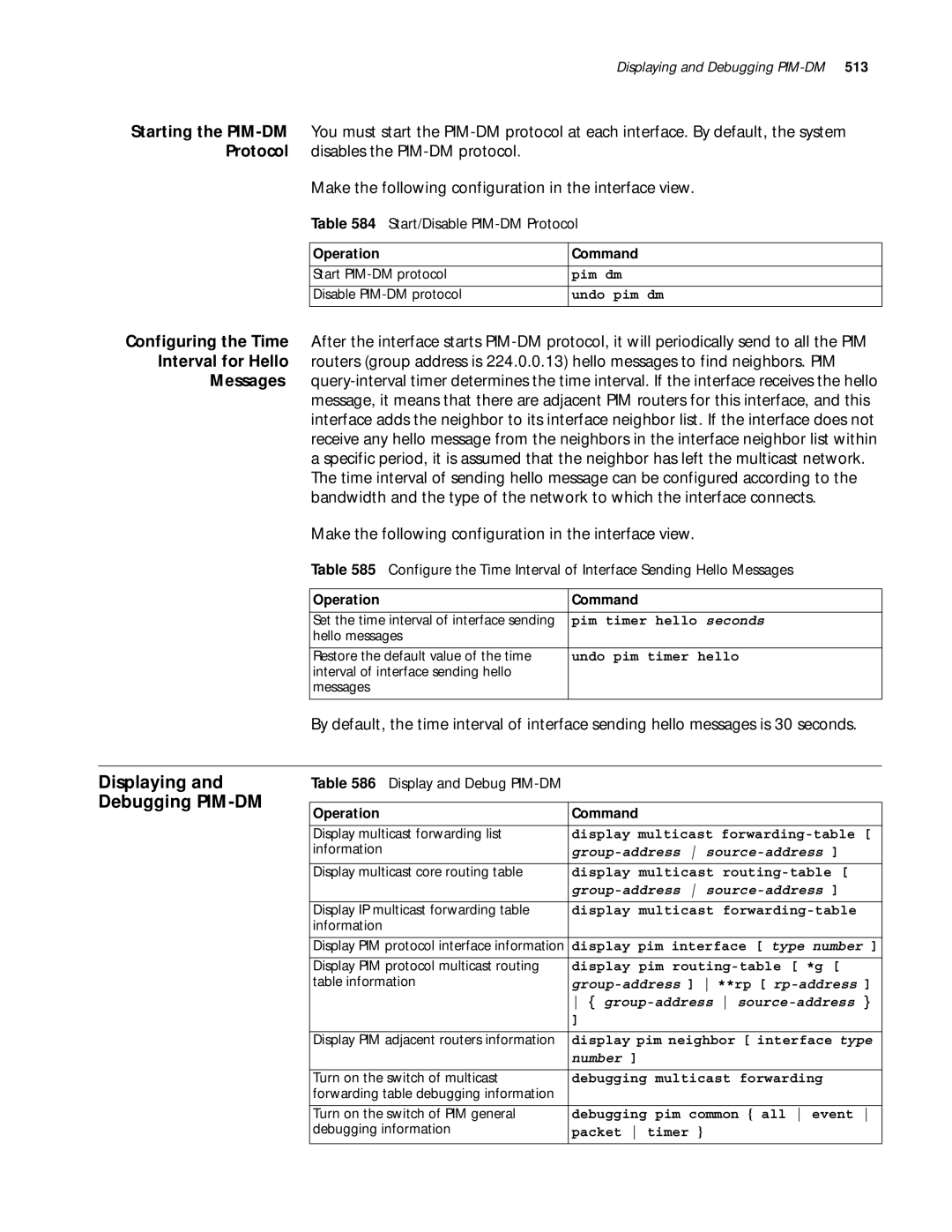 3Com 10014299 manual Displaying and Debugging PIM-DM, Start/Disable PIM-DM Protocol, Display and Debug PIM-DM 