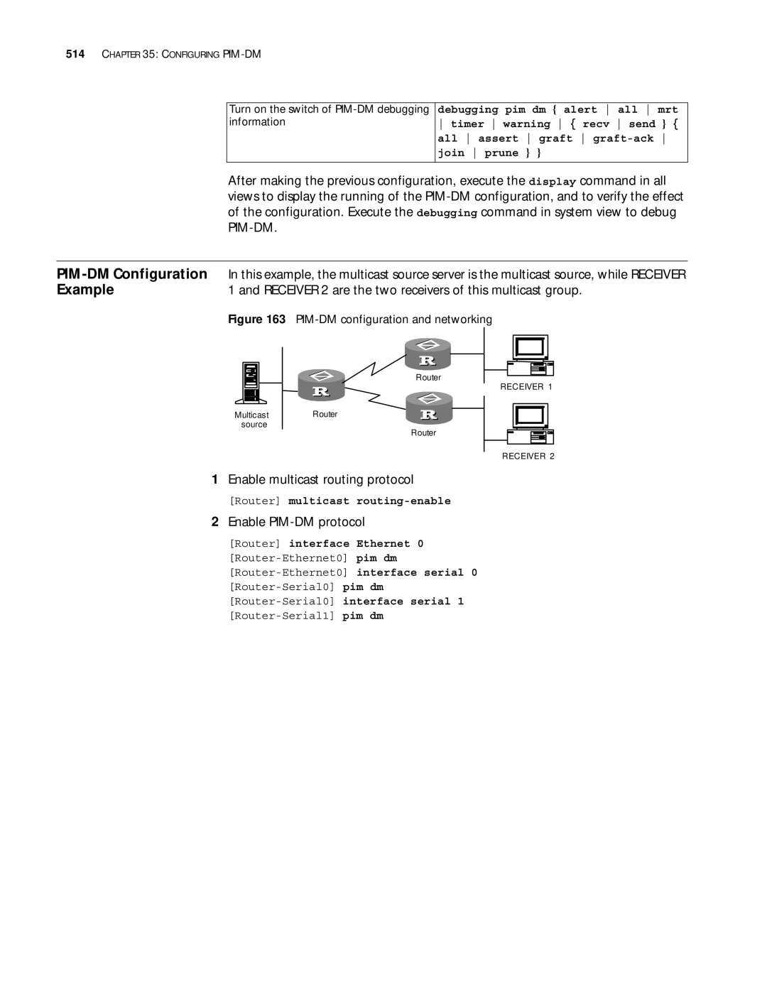 3Com 10014299 manual PIM-DM Configuration, Receiver 2 are the two receivers of this multicast group, Enable PIM-DM protocol 