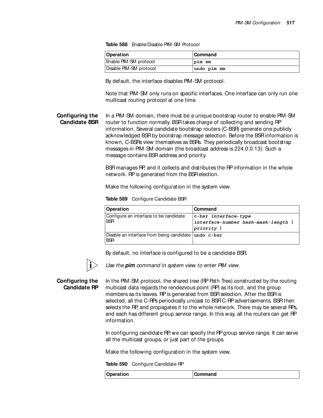 3Com 10014299 By default, the interface disables PIM-SM protocol, Enable/Disable PIM-SM Protocol, Configure Candidate BSR 