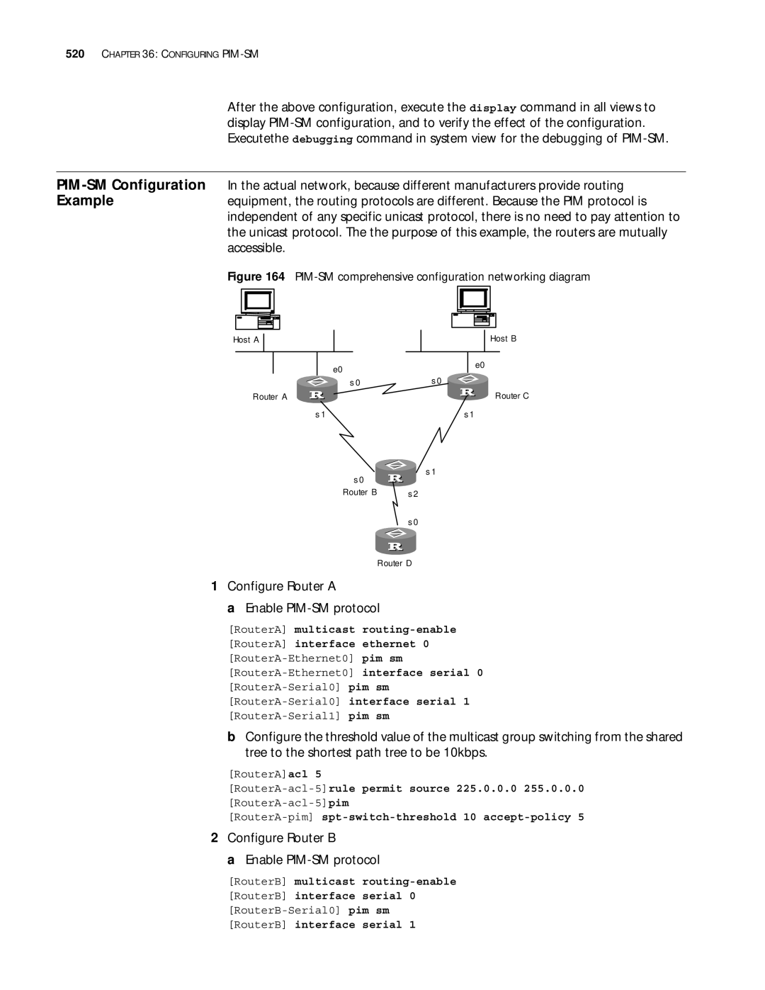 3Com 10014299 manual Configure Router a Enable PIM-SM protocol, Configure Router B Enable PIM-SM protocol 