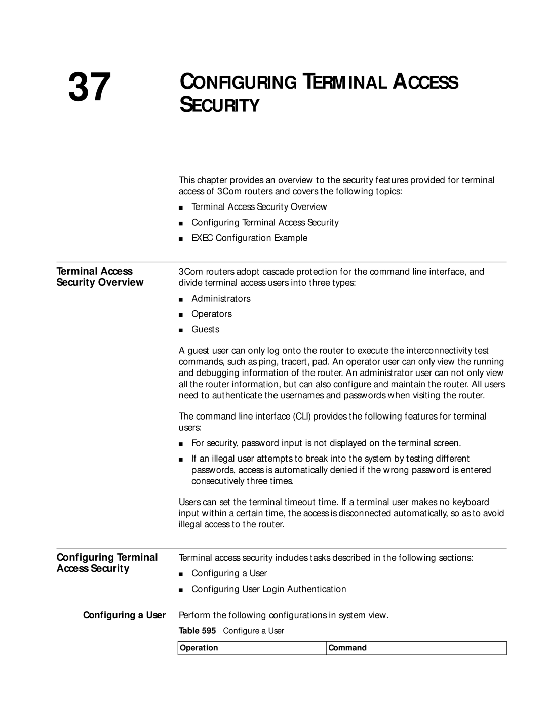 3Com 10014299 manual Terminal Access, Security Overview, Configuring Terminal, Access Security, Configuring a User 