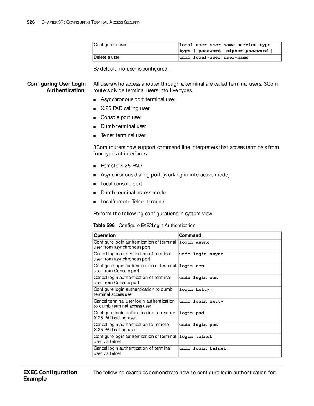 3Com 10014299 manual Configure EXECLogin Authentication 