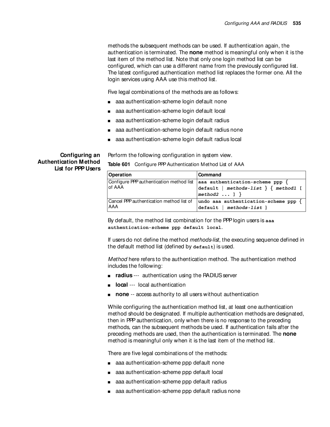 3Com 10014299 Configuring an Authentication Method List for PPP Users, Configure PPP Authentication Method List of AAA 