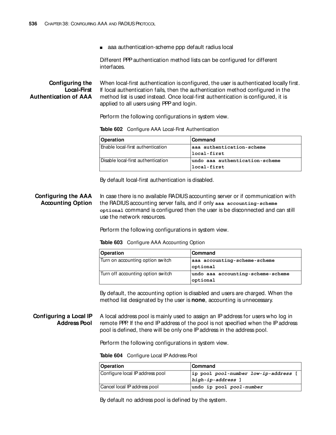 3Com 10014299 manual By default no address pool is defined by the system, Configure AAA Local-First Authentication 