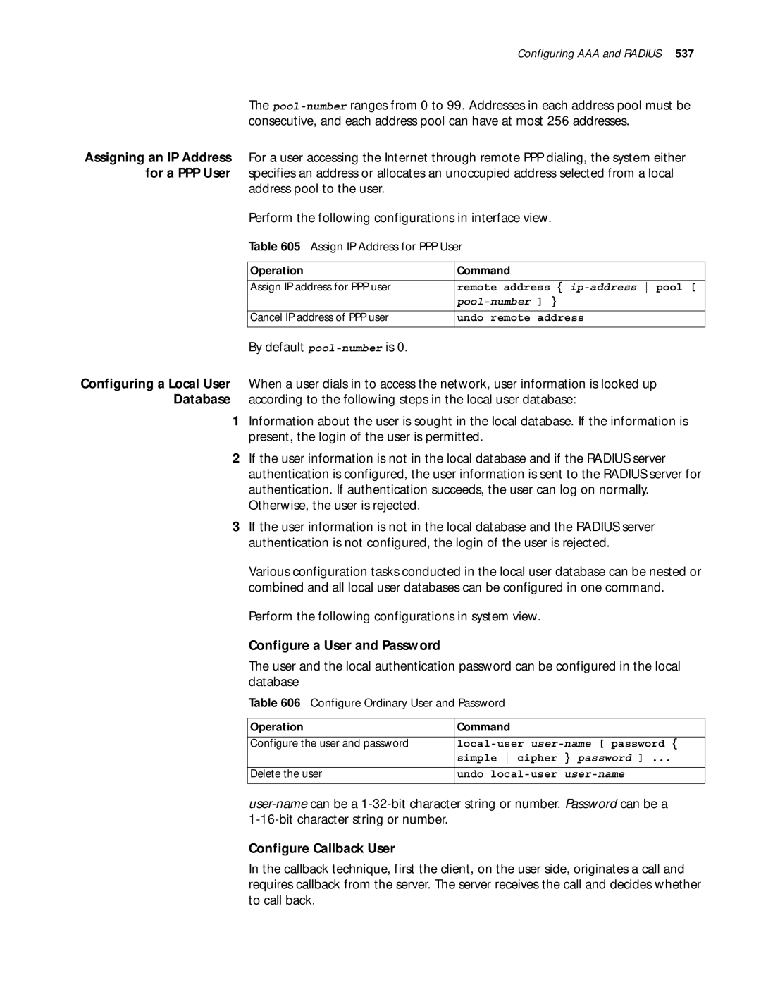 3Com 10014299 manual By default pool-number is, Configure a User and Password, Configure Callback User 