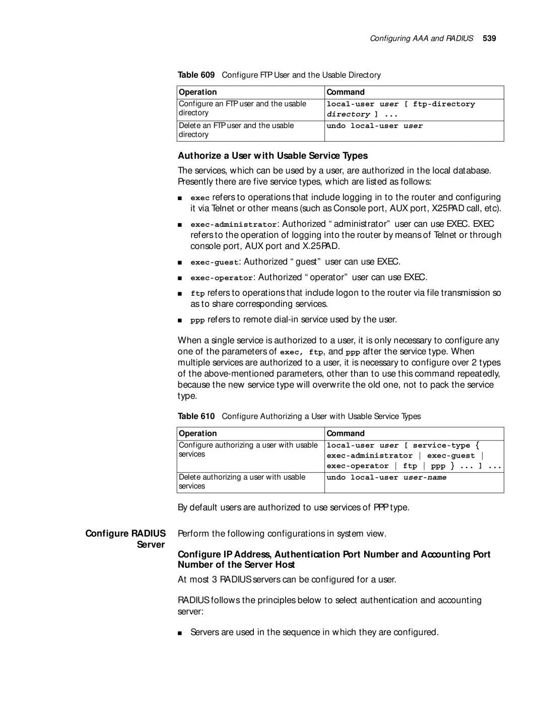 3Com 10014299 manual Authorize a User with Usable Service Types, Configure FTP User and the Usable Directory 