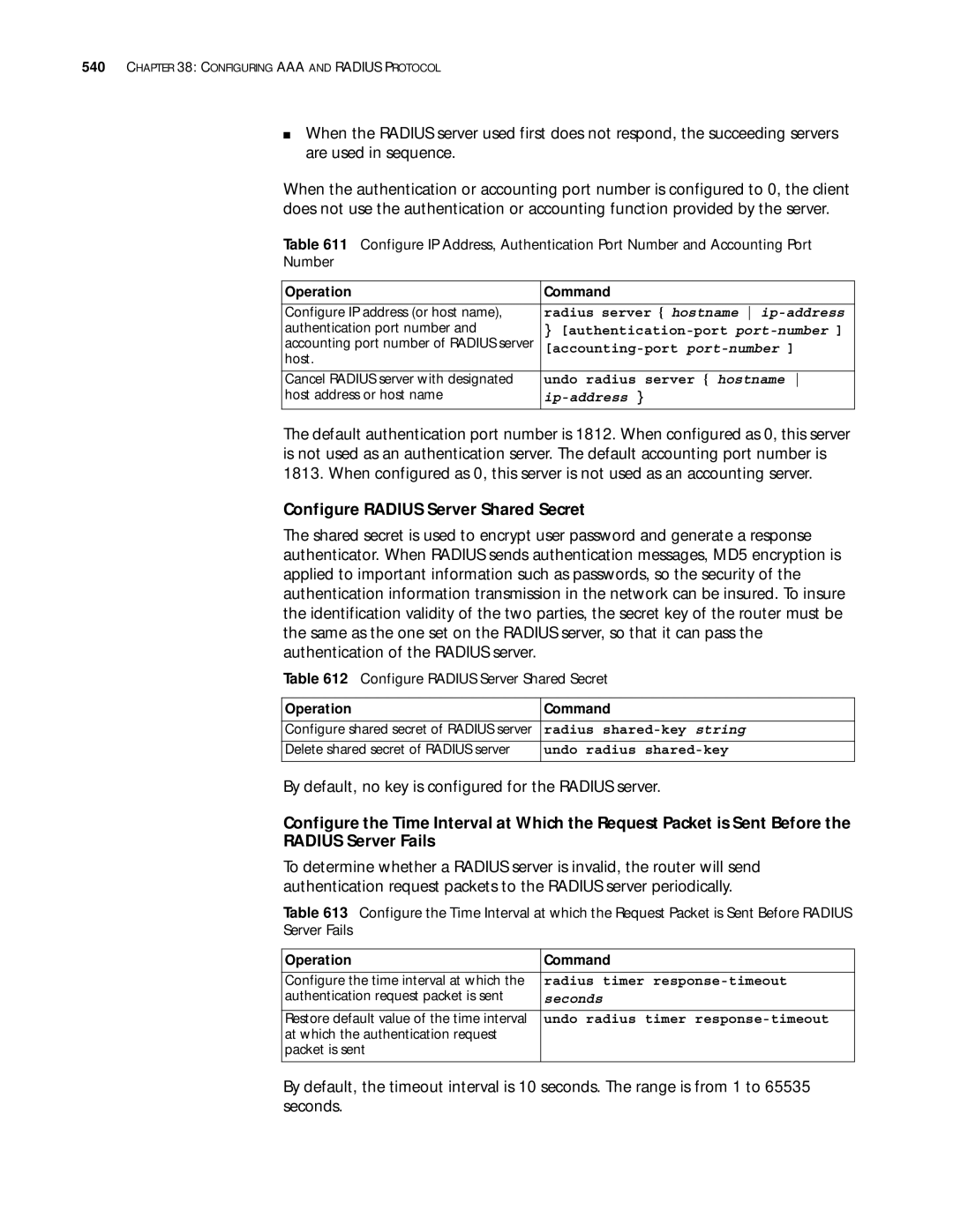 3Com 10014299 manual Configure Radius Server Shared Secret, By default, no key is configured for the Radius server 