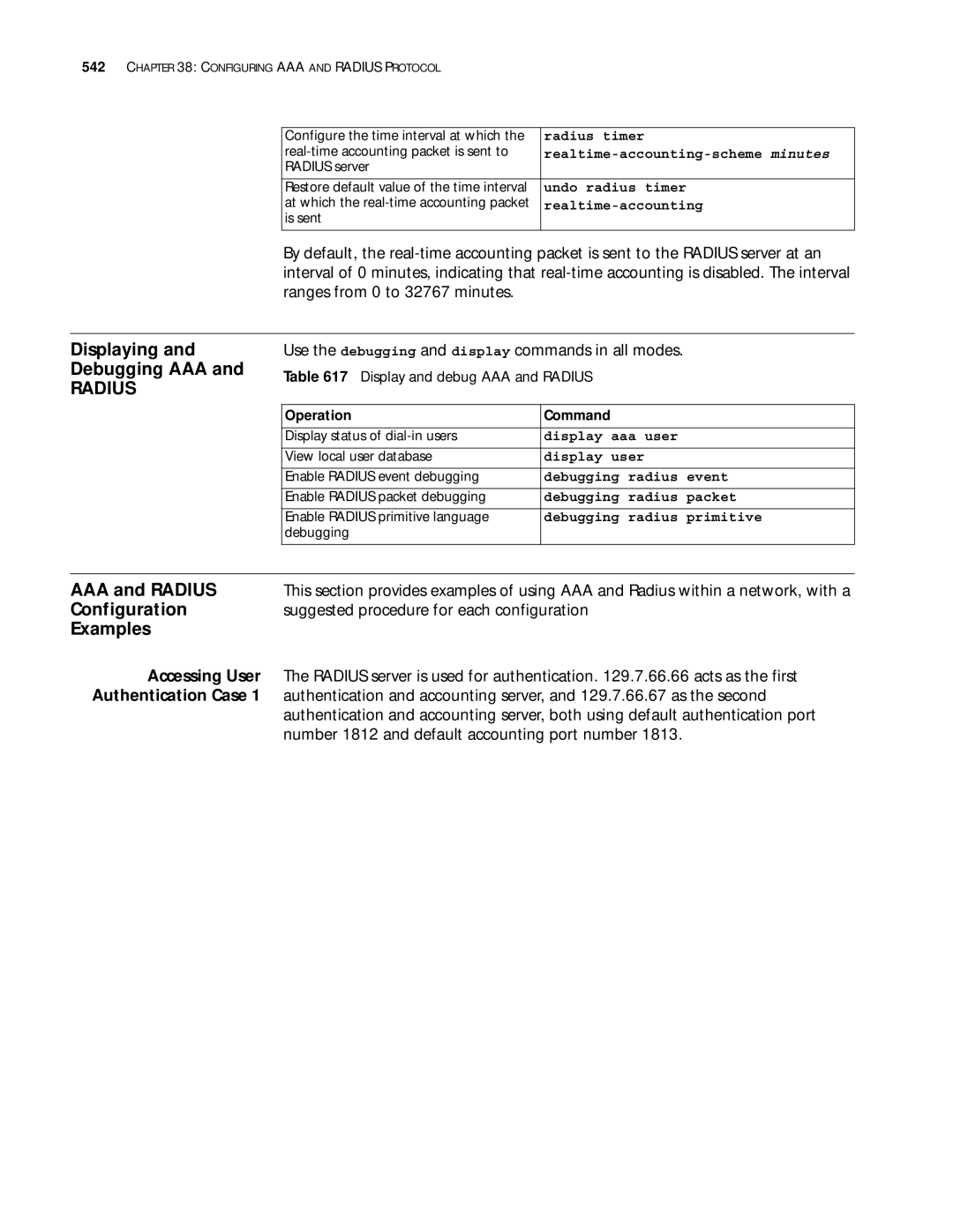 3Com 10014299 manual Displaying Debugging AAA, AAA and Radius, Examples, Accessing User, Authentication Case 