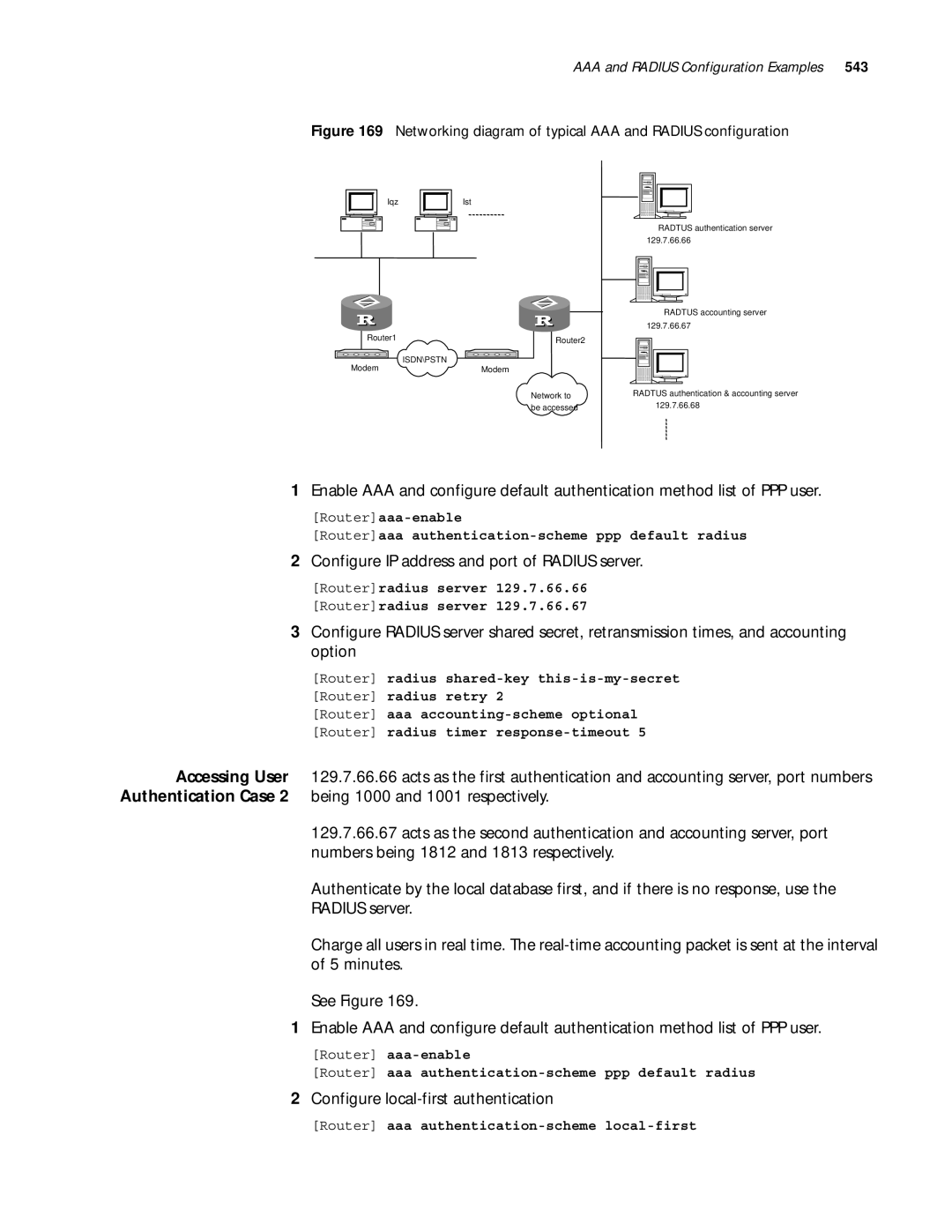 3Com 10014299 Configure IP address and port of Radius server, Configure local-first authentication, Routerradius server 