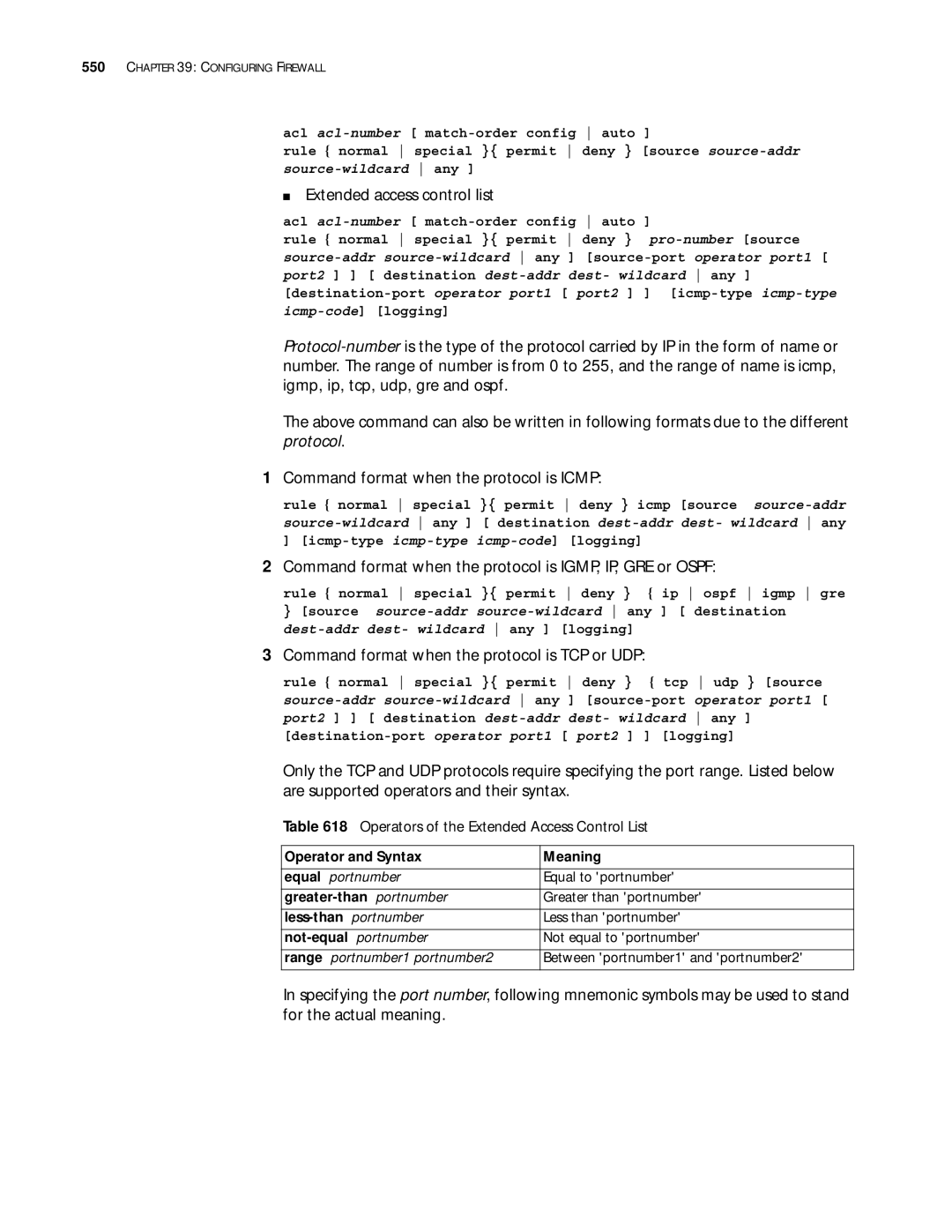 3Com 10014299 manual Extended access control list, Command format when the protocol is IGMP, IP, GRE or Ospf 