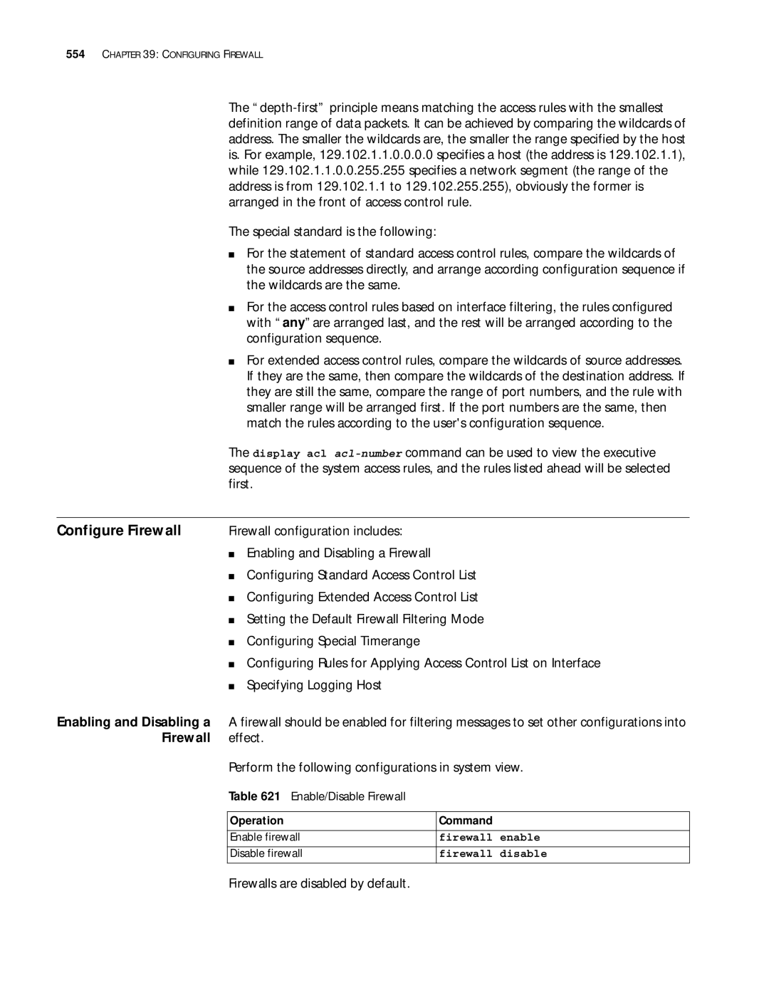 3Com 10014299 Configure Firewall, Effect Perform the following configurations in system view, Enabling and Disabling a 