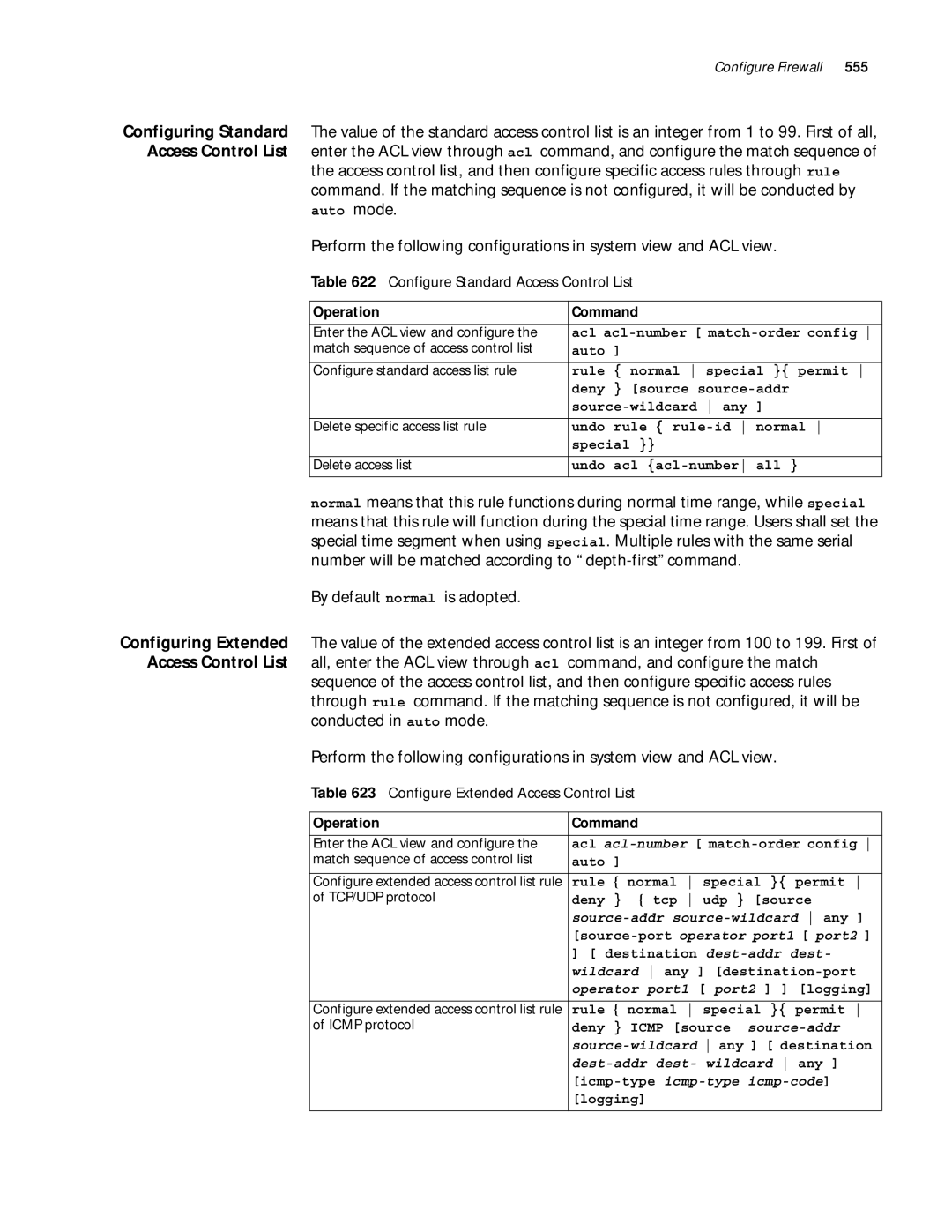 3Com 10014299 manual Configure Standard Access Control List, Configure Extended Access Control List 