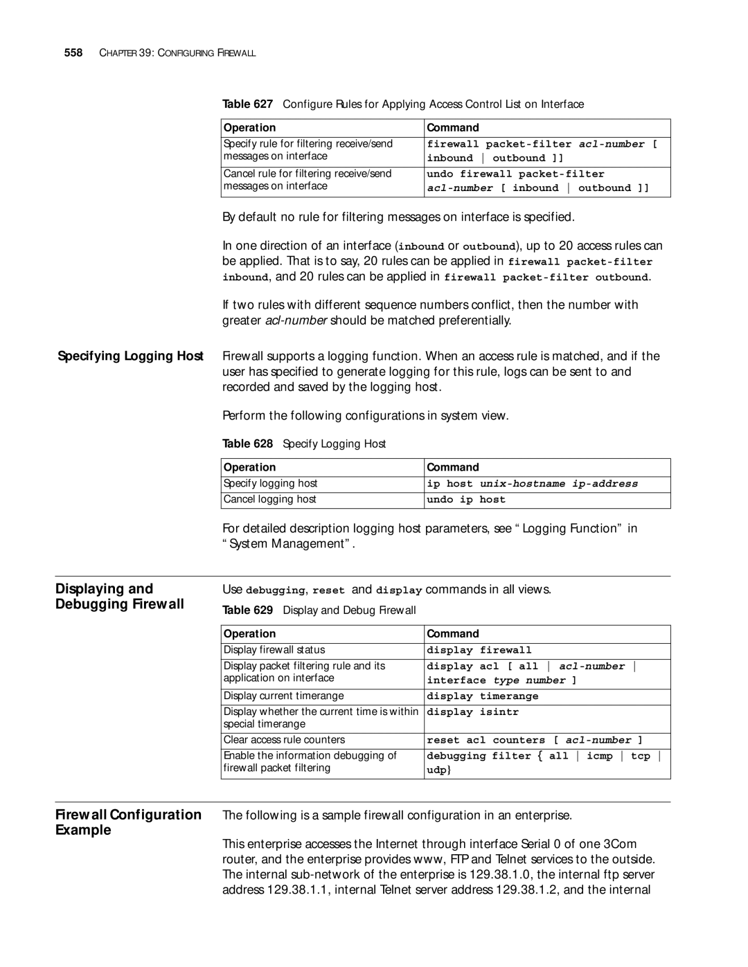 3Com 10014299 manual Displaying and Debugging Firewall, Use debugging, reset and display commands in all views 