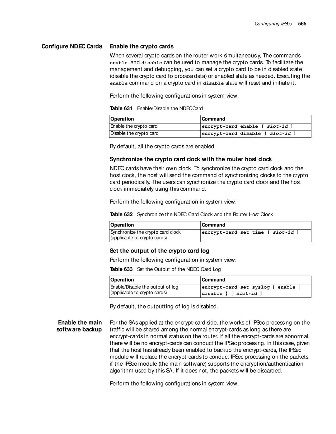 3Com 10014299 manual Configure Ndec Cards Enable the crypto cards, By default, all the crypto cards are enabled 