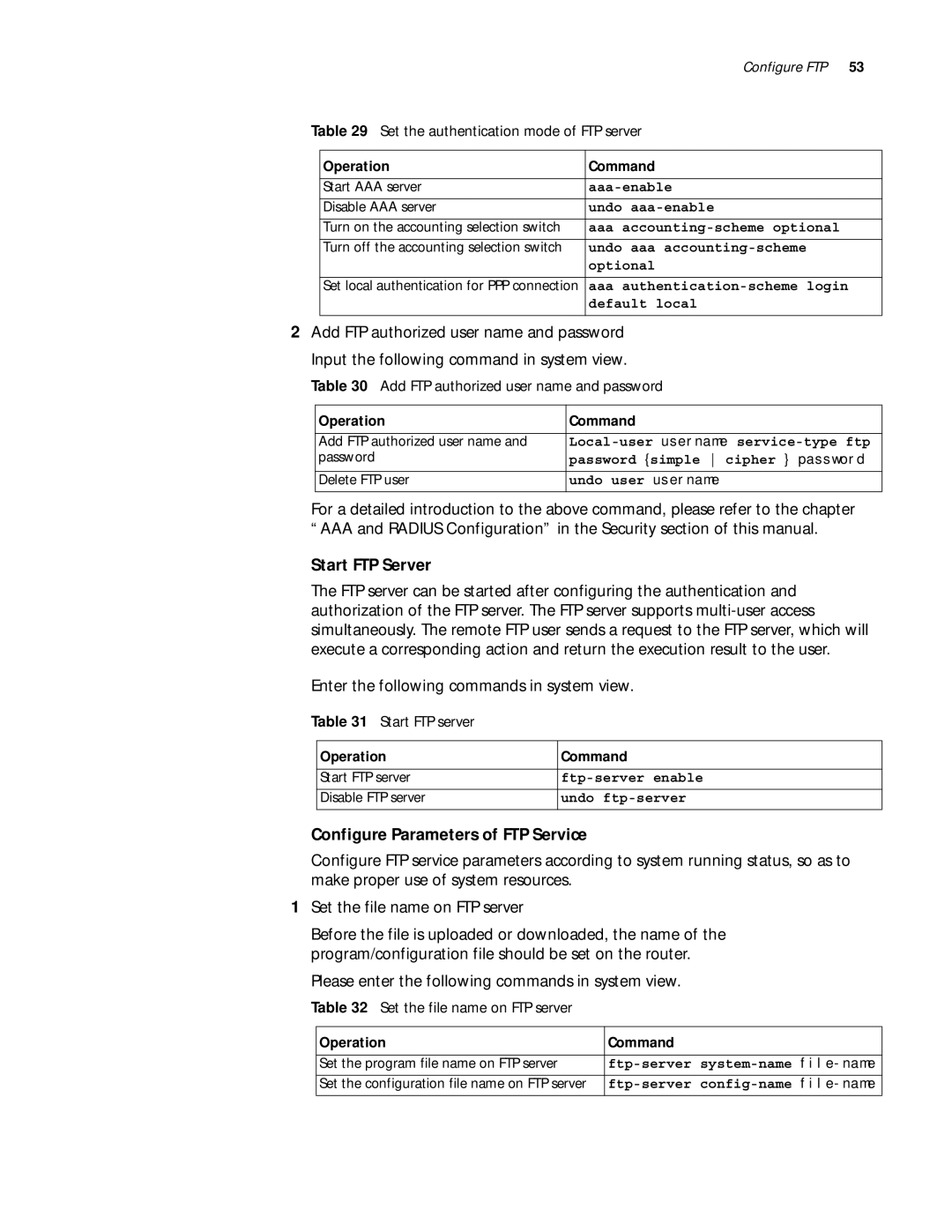 3Com 10014299 manual Start FTP Server, Enter the following commands in system view, Configure Parameters of FTP Service 