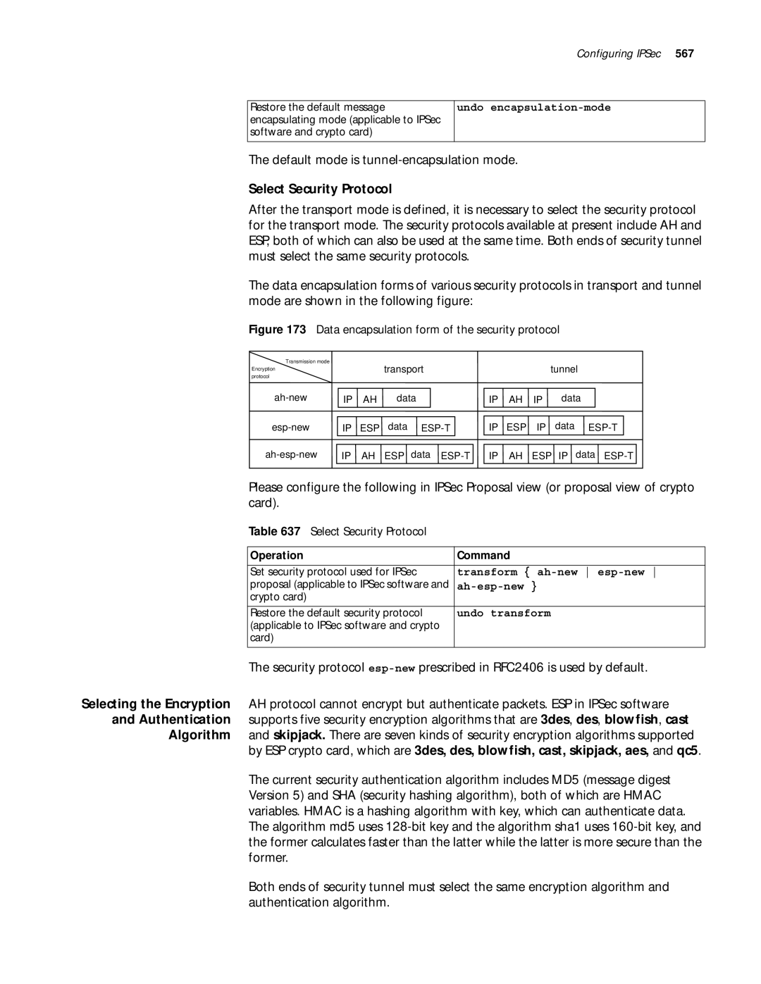 3Com 10014299 manual Selecting the Encryption Authentication Algorithm, Default mode is tunnel-encapsulation mode 