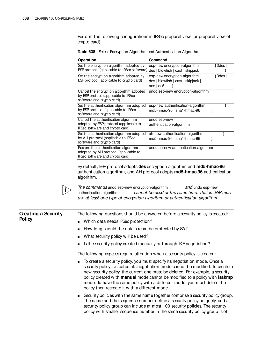 3Com 10014299 manual Creating a Security Policy, Select Encryption Algorithm and Authentication Algorithm 