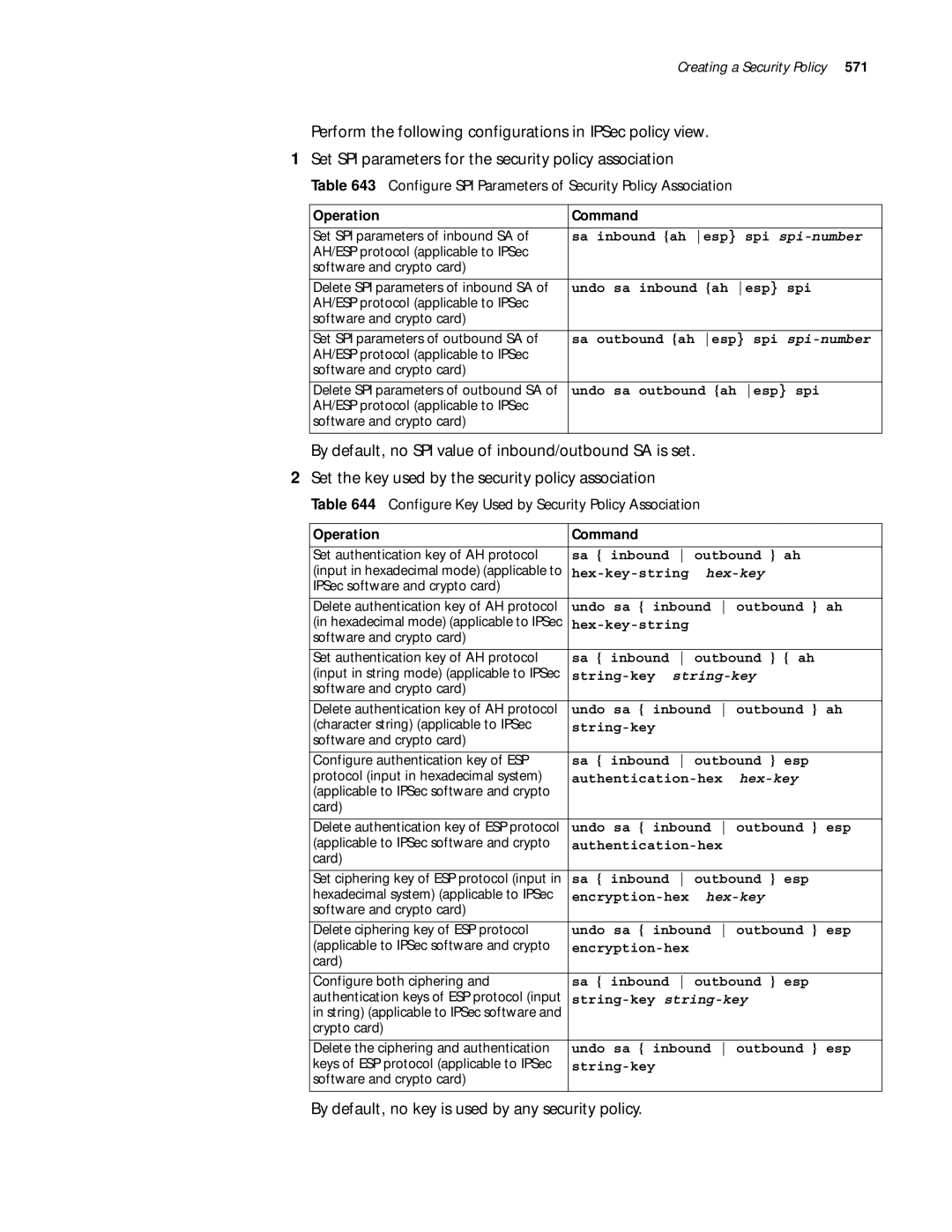 3Com 10014299 By default, no key is used by any security policy, Configure SPI Parameters of Security Policy Association 