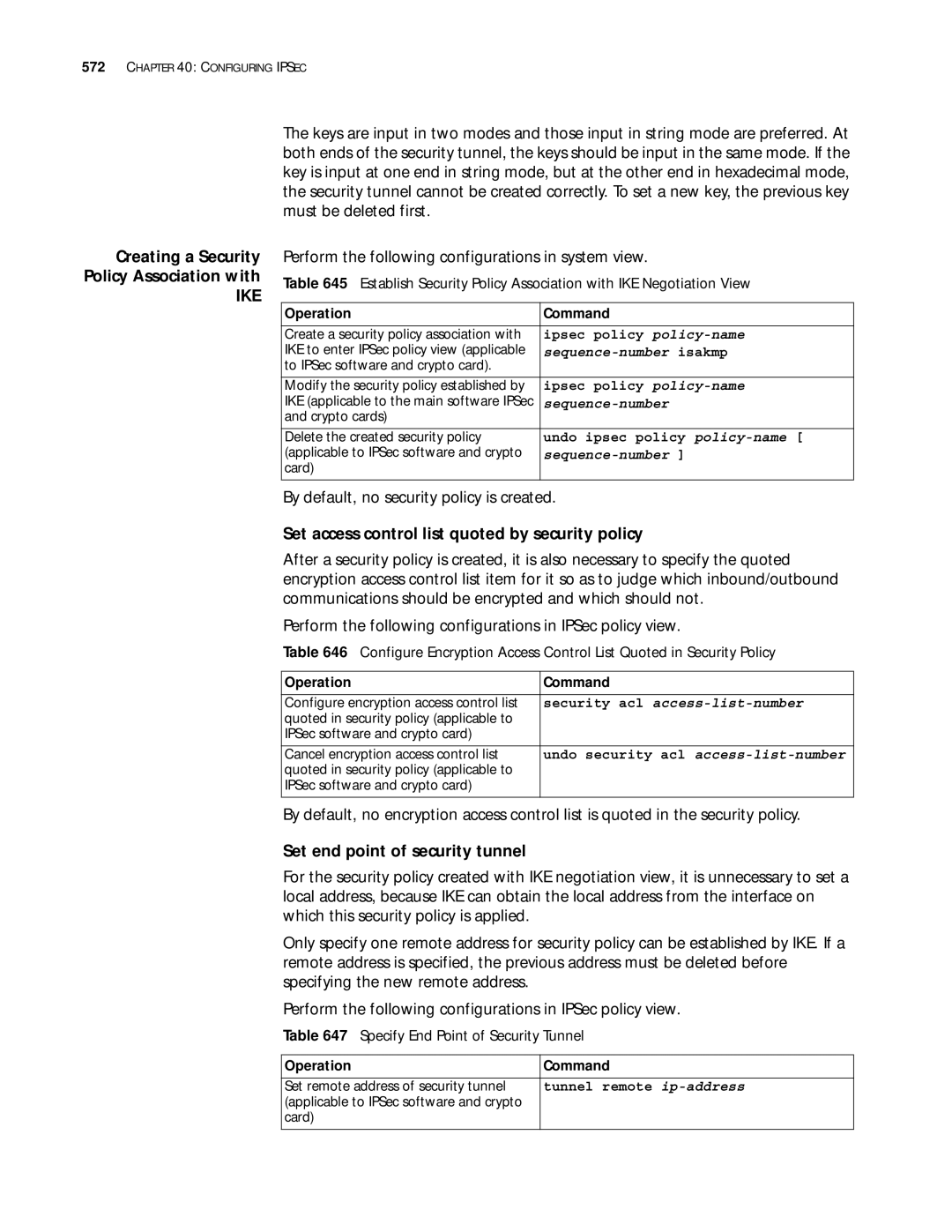 3Com 10014299 Set access control list quoted by security policy, Set end point of security tunnel, Sequence-number isakmp 