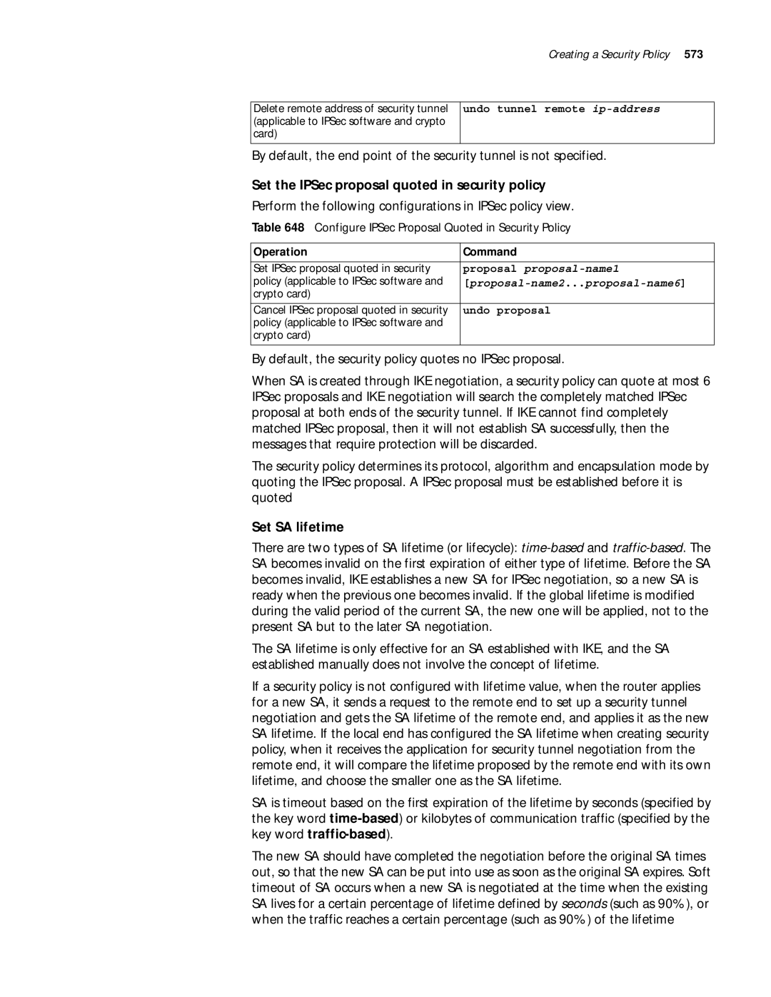 3Com 10014299 manual Set the IPSec proposal quoted in security policy, Set SA lifetime, Proposal proposal-name1 