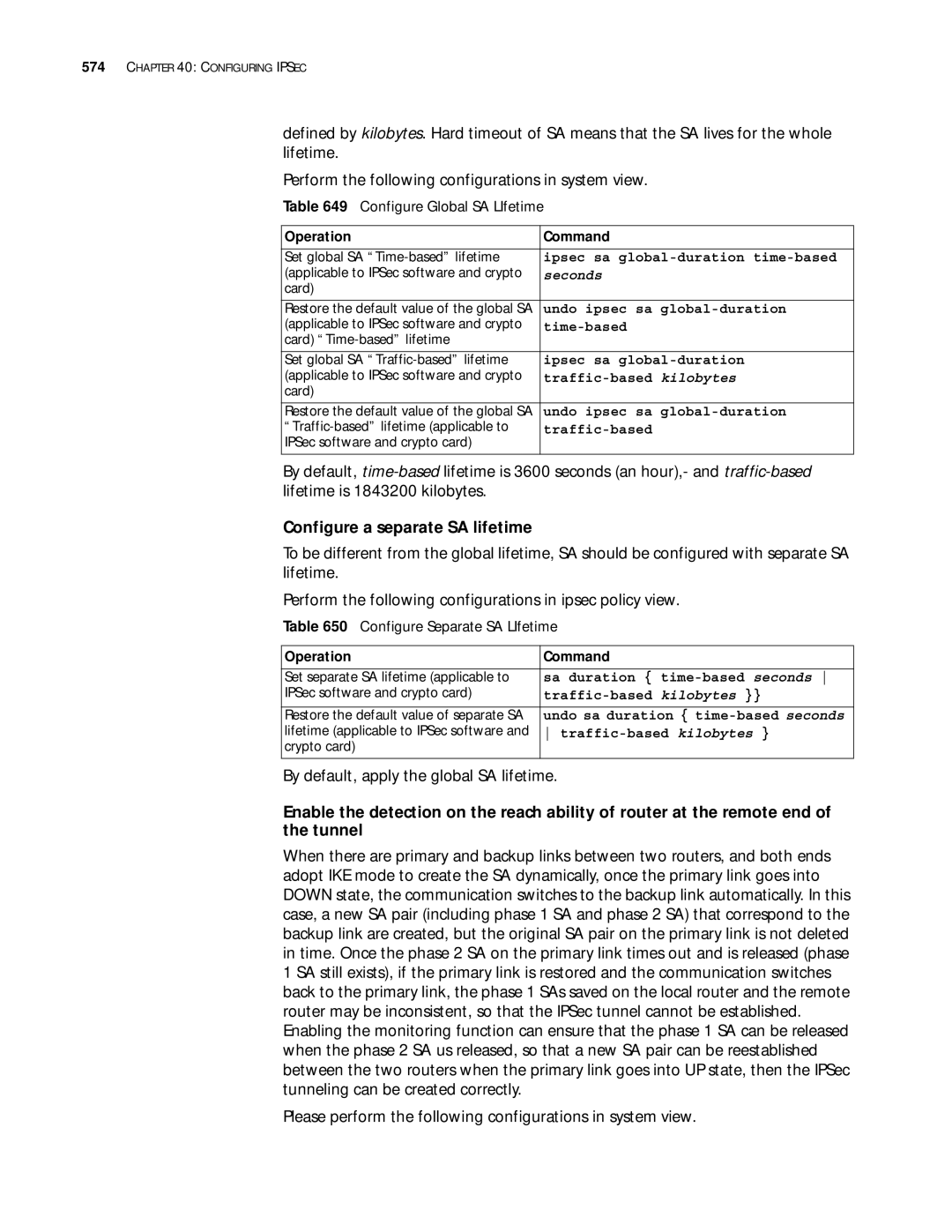 3Com 10014299 Configure a separate SA lifetime, By default, apply the global SA lifetime, Configure Global SA LIfetime 