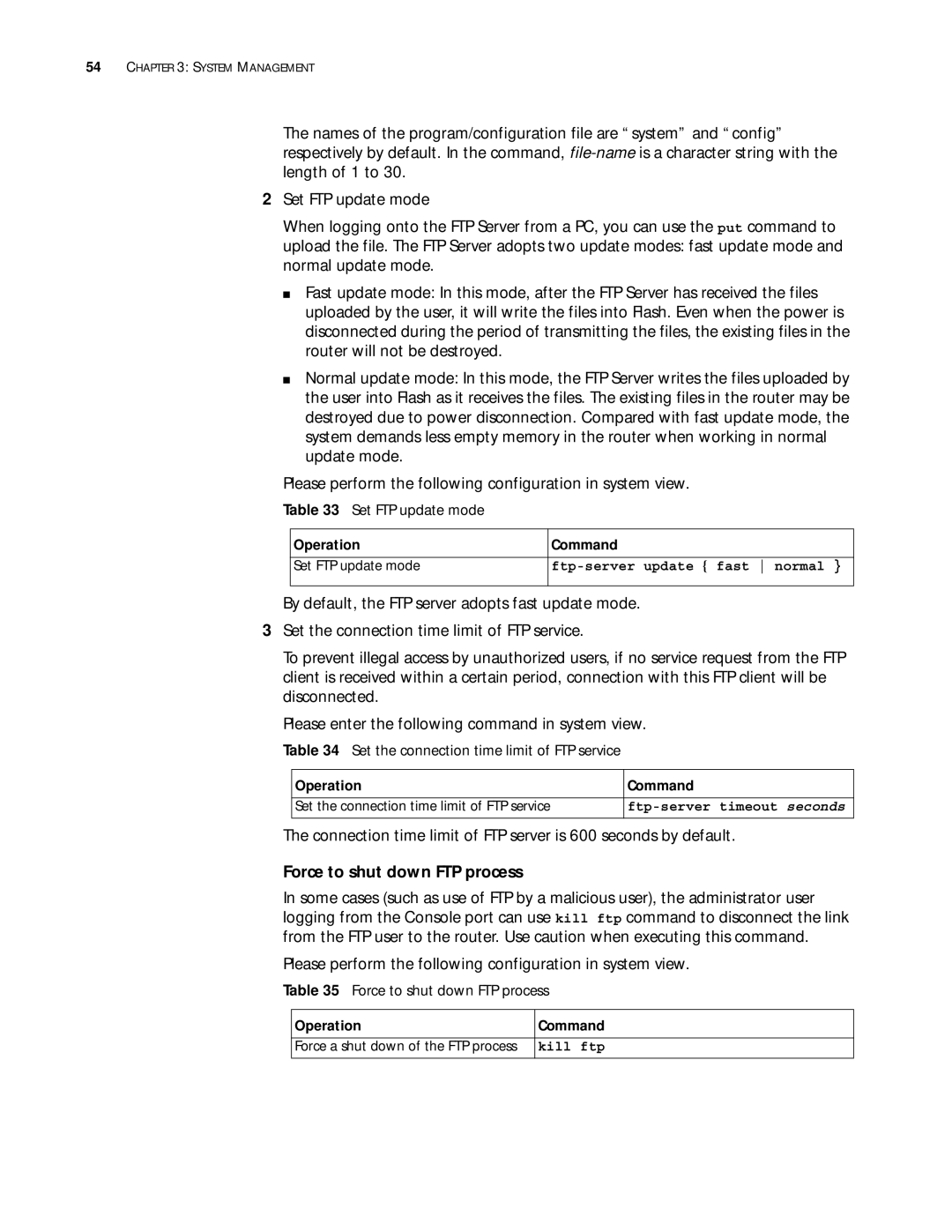 3Com 10014299 manual Force to shut down FTP process, Set FTP update mode, Set the connection time limit of FTP service 