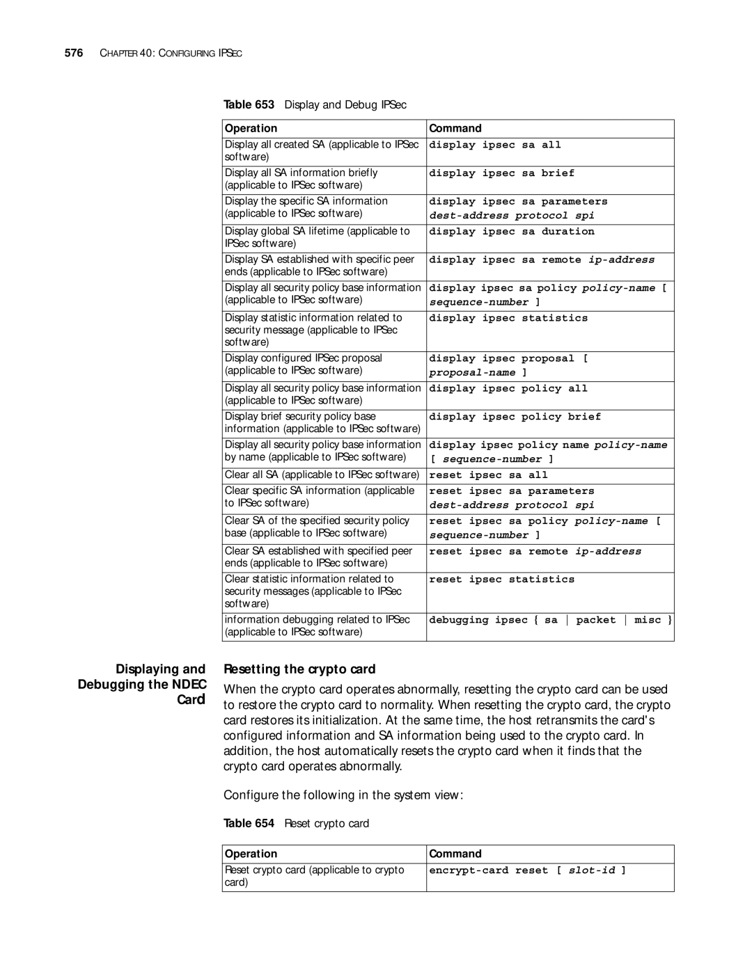 3Com 10014299 manual Display and Debug IPSec, Reset crypto card, Dest-address protocol spi 