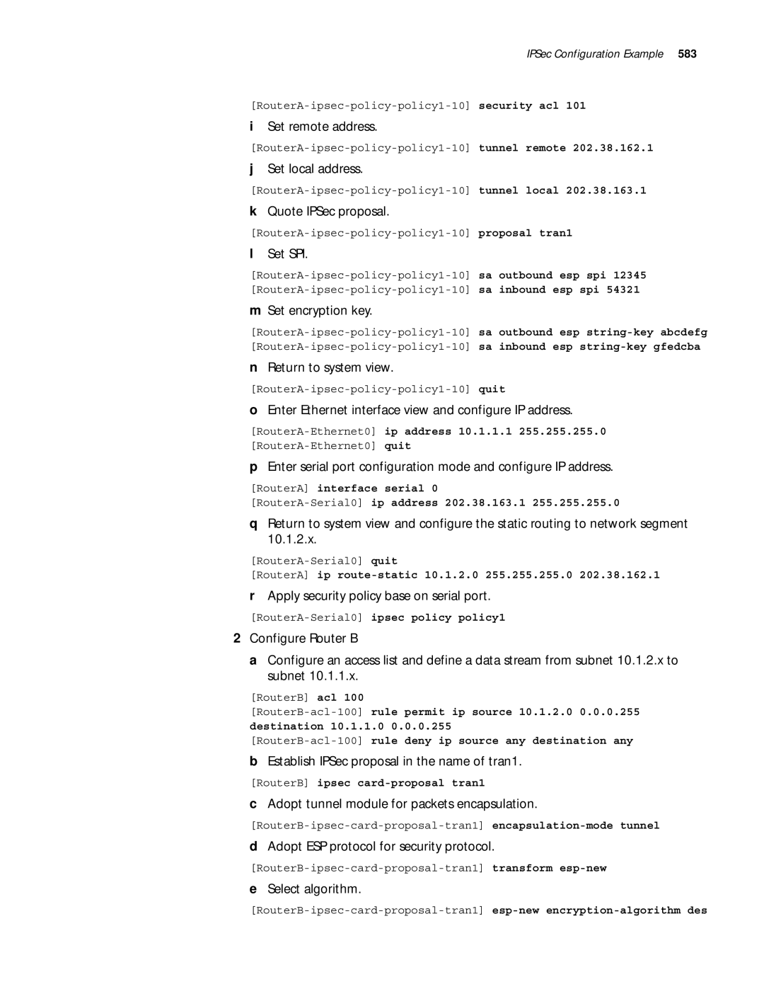 3Com 10014299 manual Set local address, Set encryption key, Enter Ethernet interface view and configure IP address 