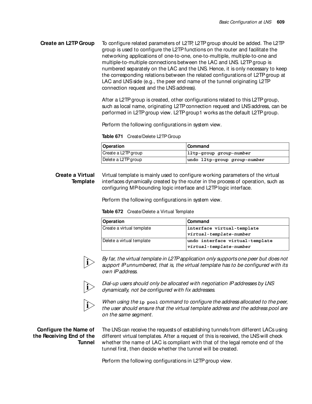 3Com 10014299 manual Create/Delete L2TP Group, Create/Delete a Virtual Template, Operation Command Create a L2TP group 