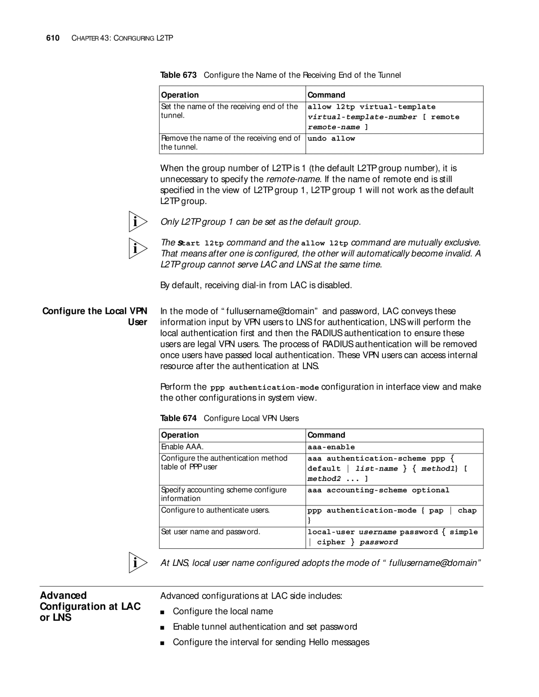 3Com 10014299 manual Advanced Configuration at LAC or LNS, By default, receiving dial-in from LAC is disabled 