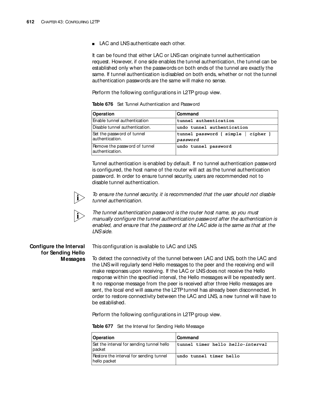 3Com 10014299 manual Configure the Interval For Sending Hello Messages, Set Tunnel Authentication and Password 