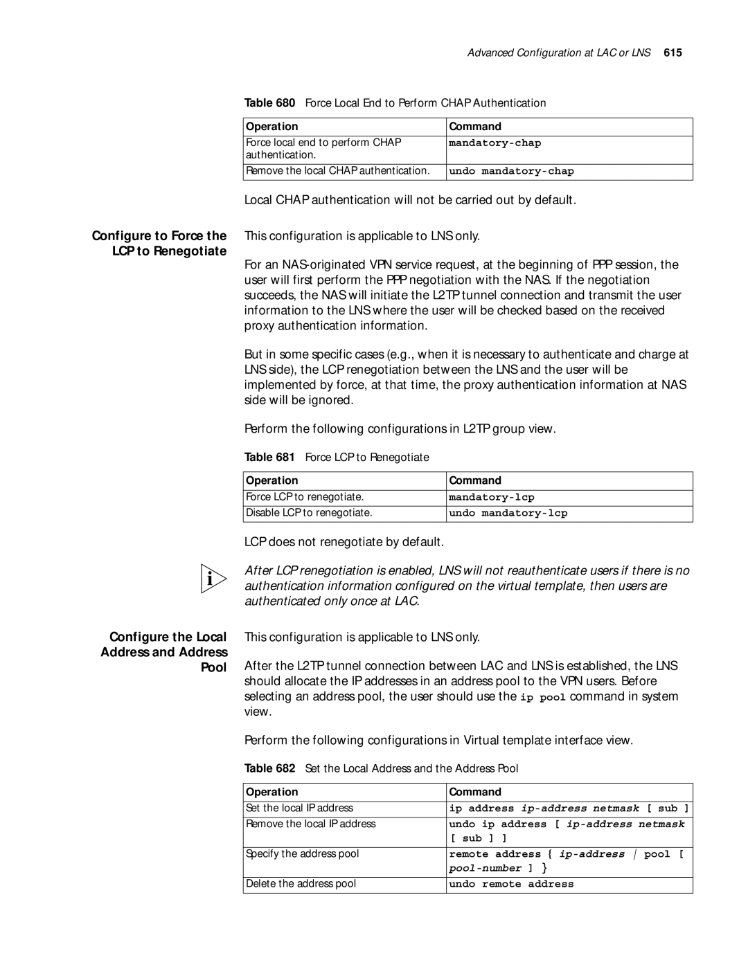 3Com 10014299 manual LCP to Renegotiate, Configure the Local Address and Address Pool, LCP does not renegotiate by default 