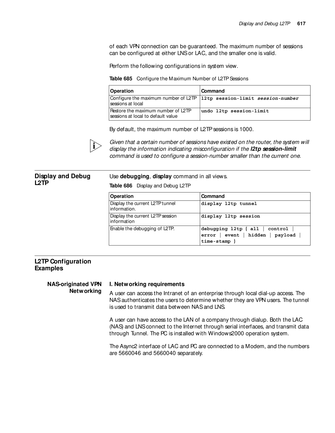 3Com 10014299 Display and Debug L2TP, L2TP Configuration Examples, By default, the maximum number of L2TP sessions is 