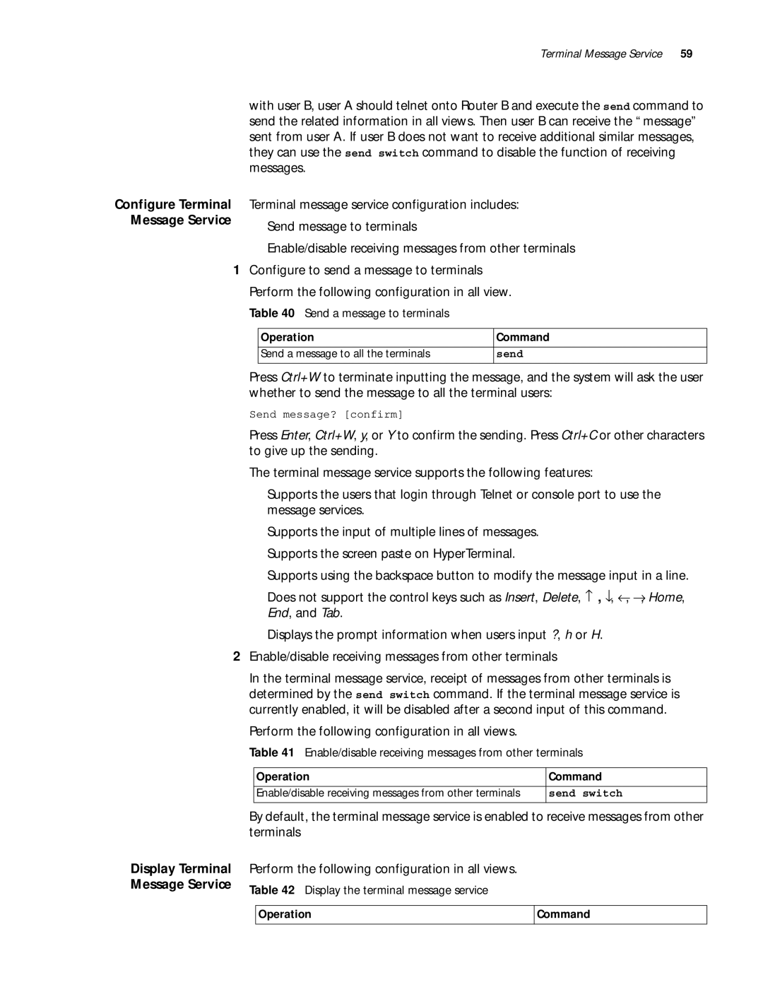 3Com 10014299 manual Perform the following configuration in all views, Configure Terminal Message Service 